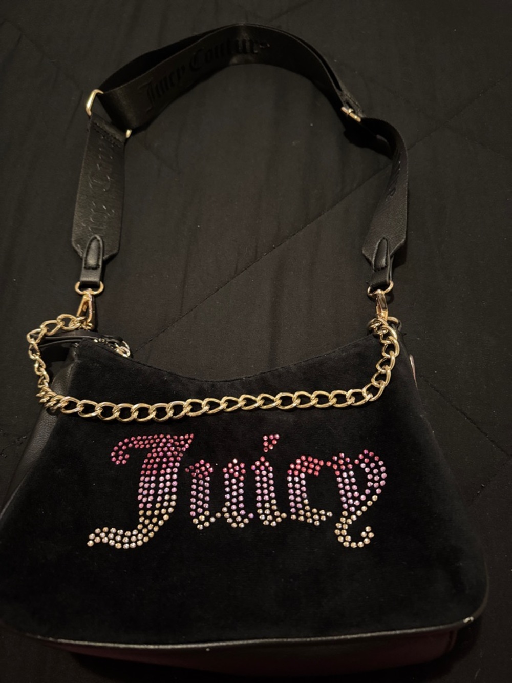 Juicy Couture Black Velvet Shoulder Bag with Pink Crystal Logo & Gold Chain